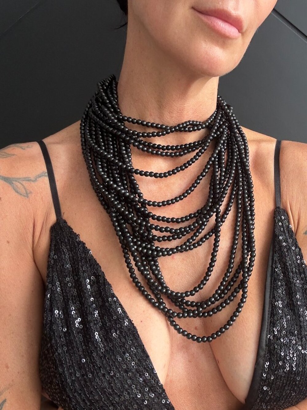 Black Multi-Strand Beaded Draped Statement Necklace